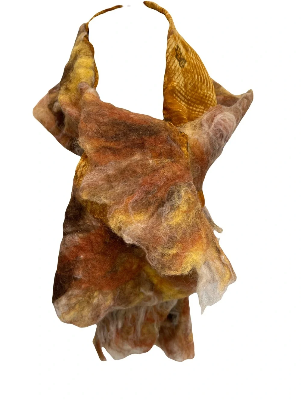 Handcrafted Nuno Felted Wool Scarf in Brown and Gold Tones